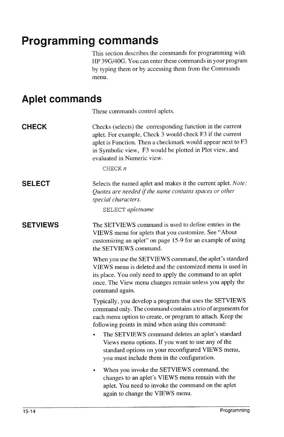 Programming commands, Aplet commands | HP 39g Graphing Calculator User Manual | Page 222 / 292