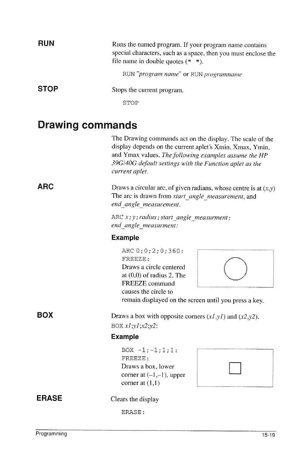 Stop, Erase, Example | Drawing commands | HP 39g Graphing Calculator User Manual | Page 227 / 292