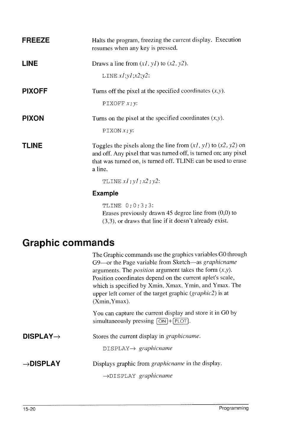 Example, Graphic commands, Graphic commands -20 | Freeze line pixoff pixon tune, Display-^ ^display | HP 39g Graphing Calculator User Manual | Page 228 / 292