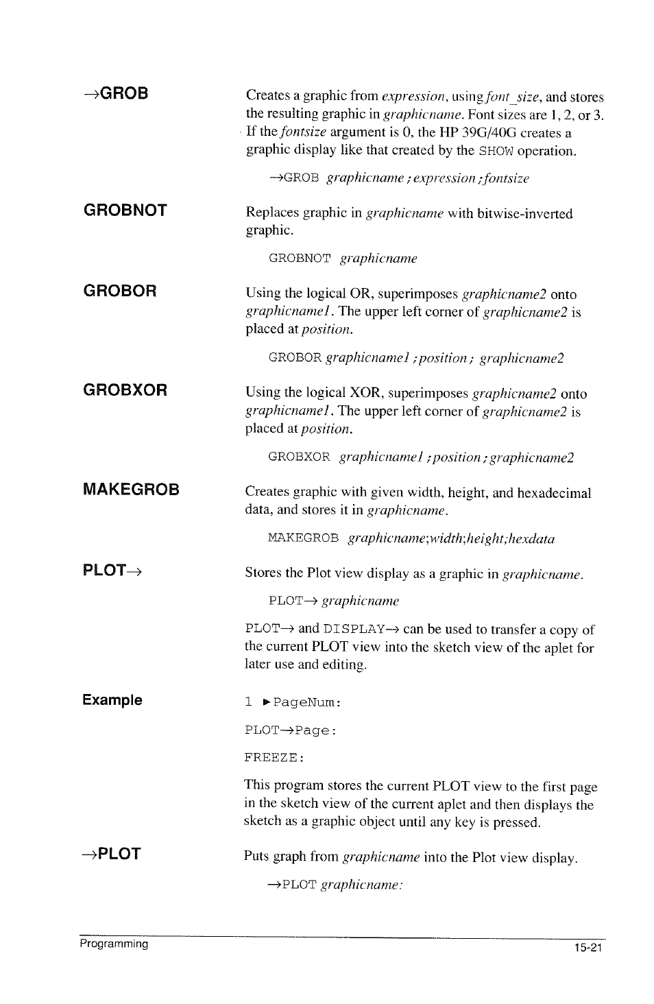 Grob, Grobnot, Grobor | Grobxor, Makegrob, Plot, Example, 4pl0t | HP 39g Graphing Calculator User Manual | Page 229 / 292