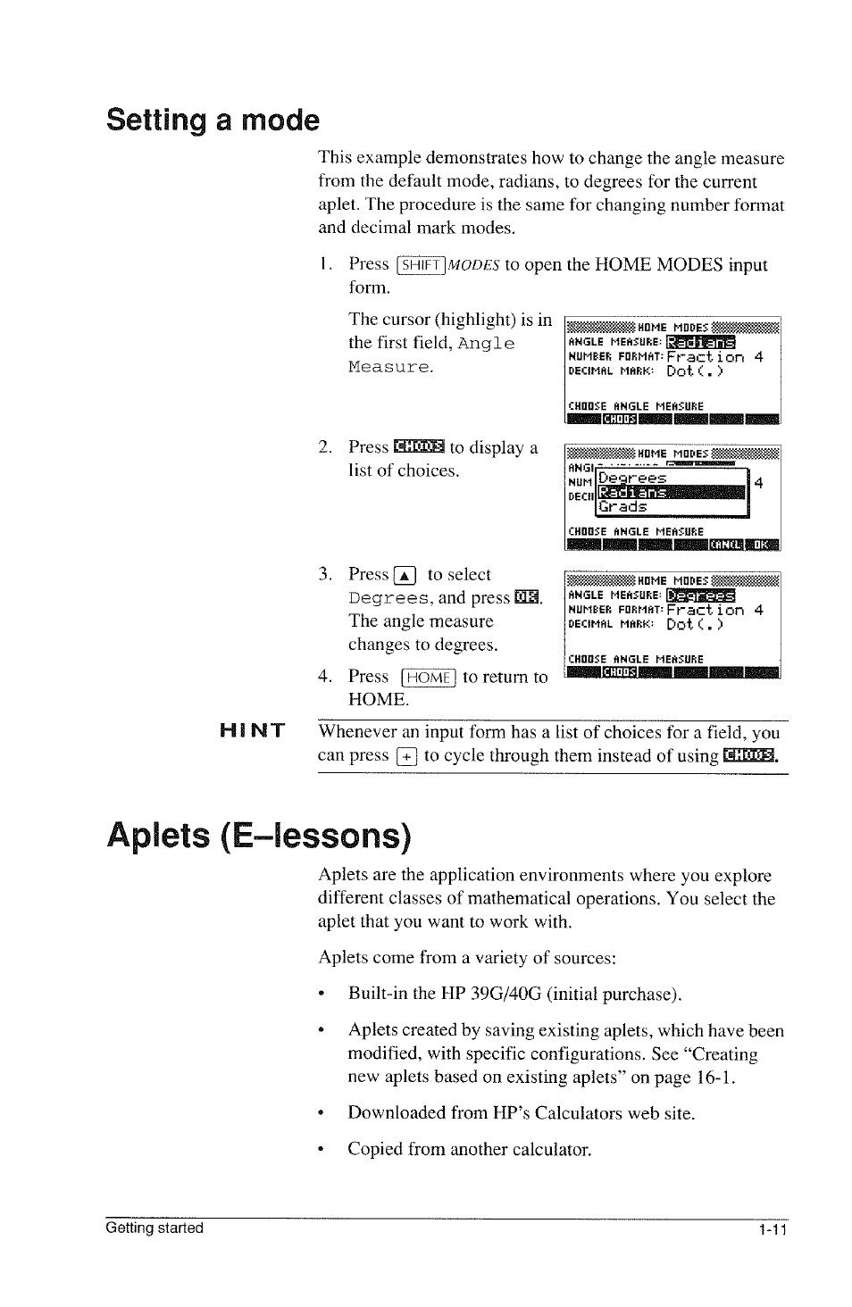 Setting a mode, Aplets (e-lessons), Setting a mode -11 | Aplets (e-lessons) -11 | HP 39g Graphing Calculator User Manual | Page 23 / 292