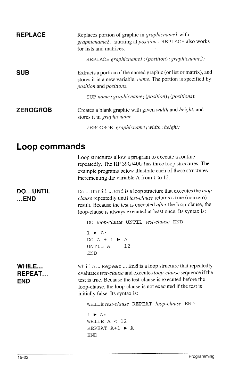 Loop commands | HP 39g Graphing Calculator User Manual | Page 230 / 292