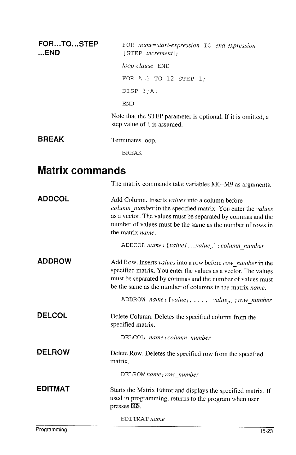 Matrix commands, Matrix commands -23 | HP 39g Graphing Calculator User Manual | Page 231 / 292