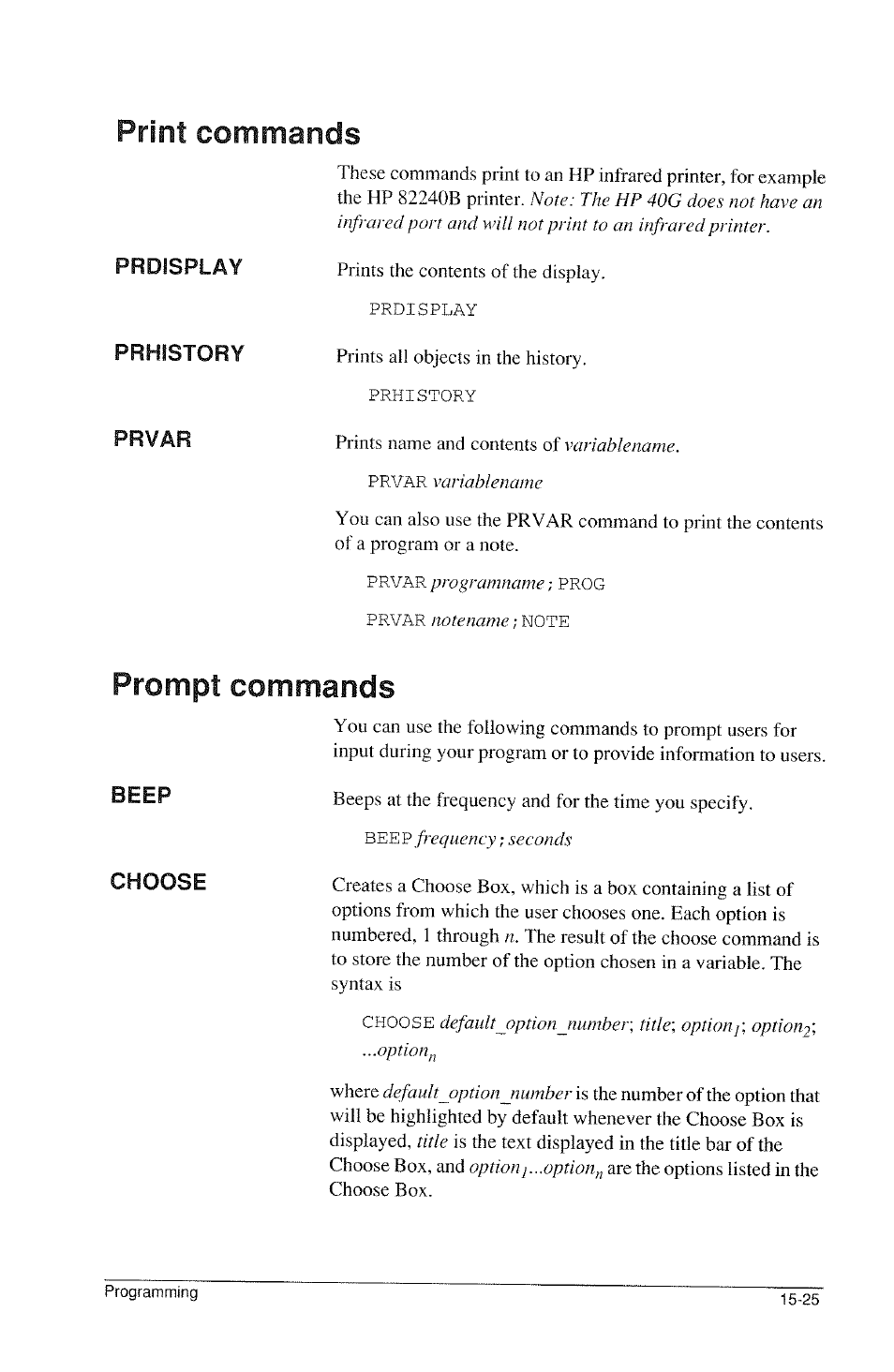Print commands, Drawing commands -19, Prompt commands | HP 39g Graphing Calculator User Manual | Page 233 / 292