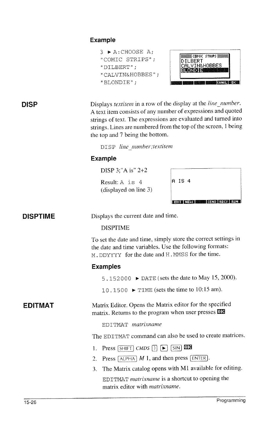 Example, Examples, Disp disptime editmat | HP 39g Graphing Calculator User Manual | Page 234 / 292