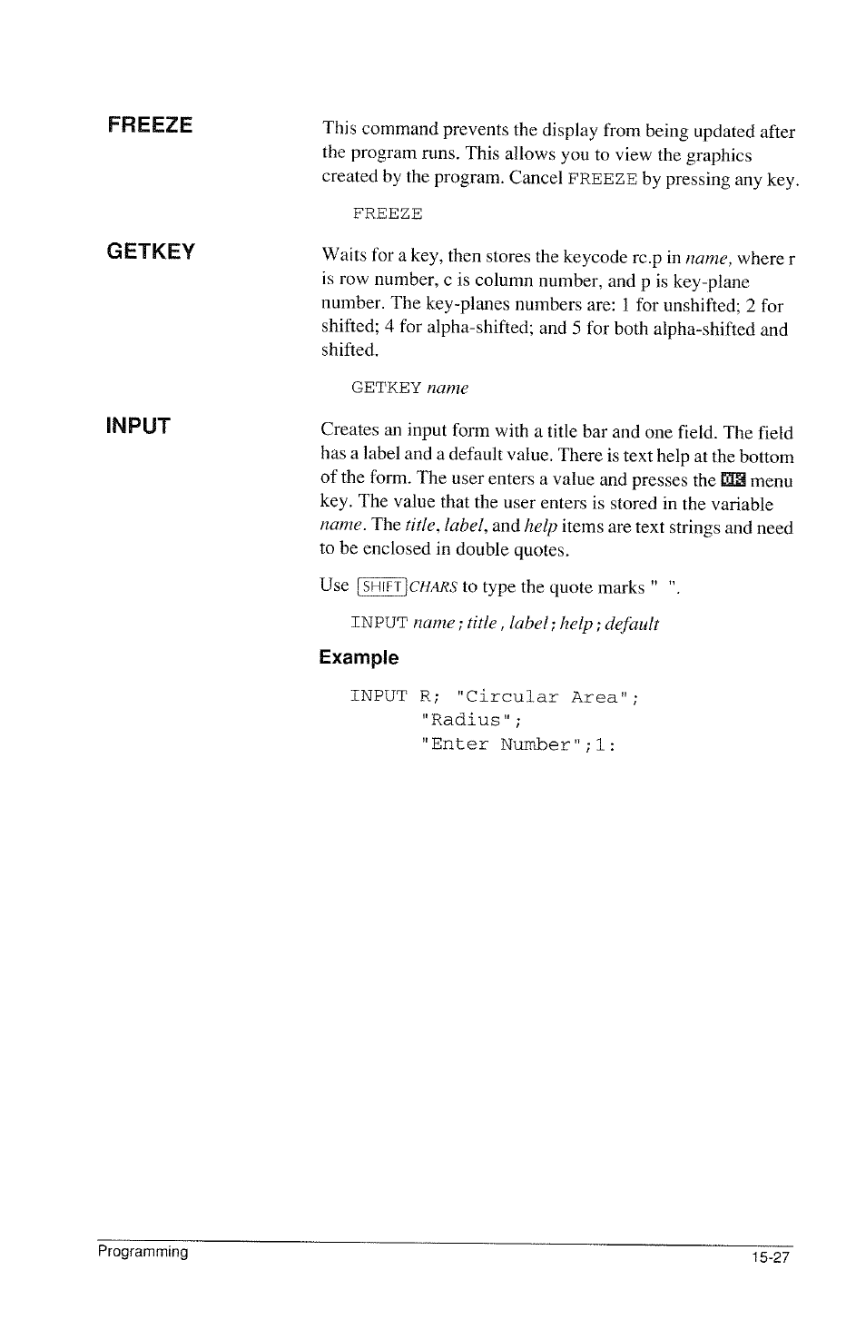 Example, Freeze getkey input | HP 39g Graphing Calculator User Manual | Page 235 / 292