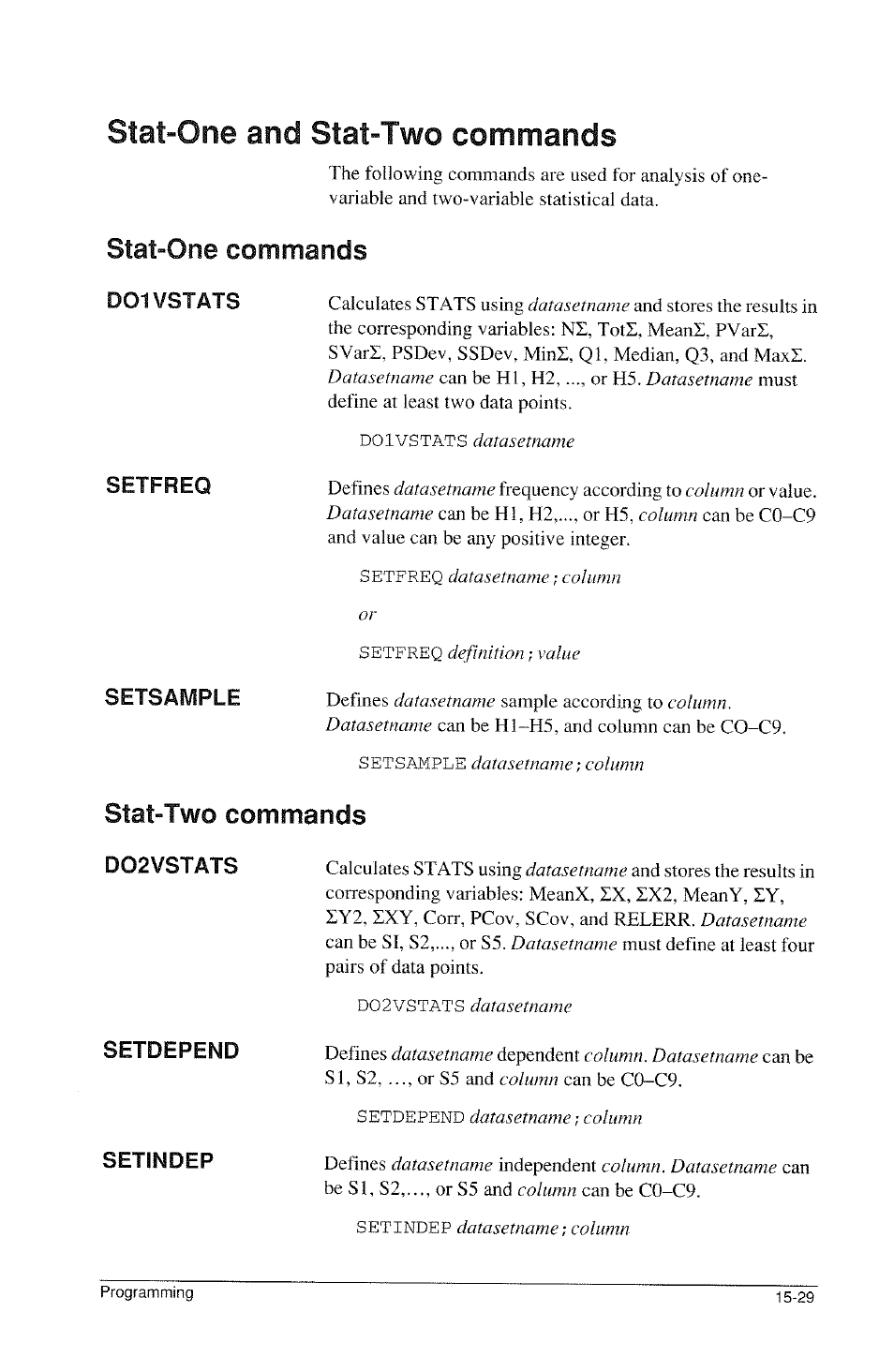 Stat-one and stat-two commands, Stat-one and stat-two commands -29, Stat-one commands | Stat-two commands, D01vstats, Setsample, D02vstats setdepend setindep | HP 39g Graphing Calculator User Manual | Page 237 / 292