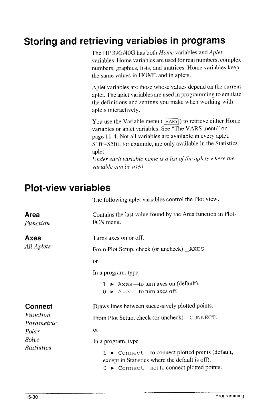 Storing and retrieving variables in programs, Plot-view variables, Storing and retrieving variables in programs -30 | Plot-view variables -30 | HP 39g Graphing Calculator User Manual | Page 238 / 292