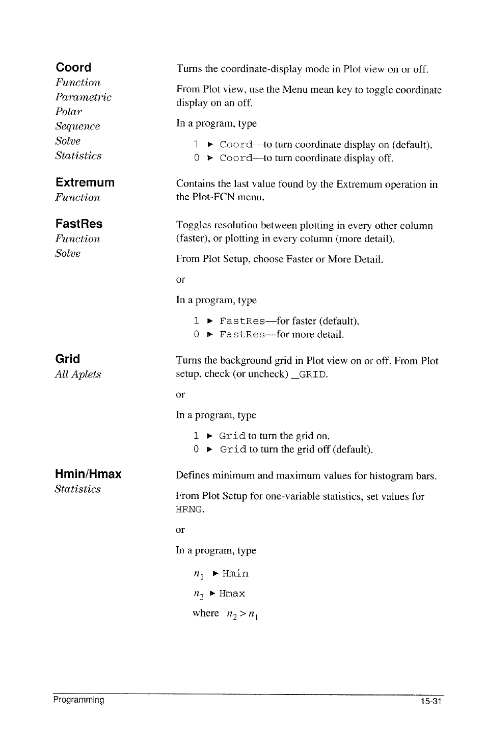 Coord, Extremum, Fastres | Grid, Hmin/hmax | HP 39g Graphing Calculator User Manual | Page 239 / 292