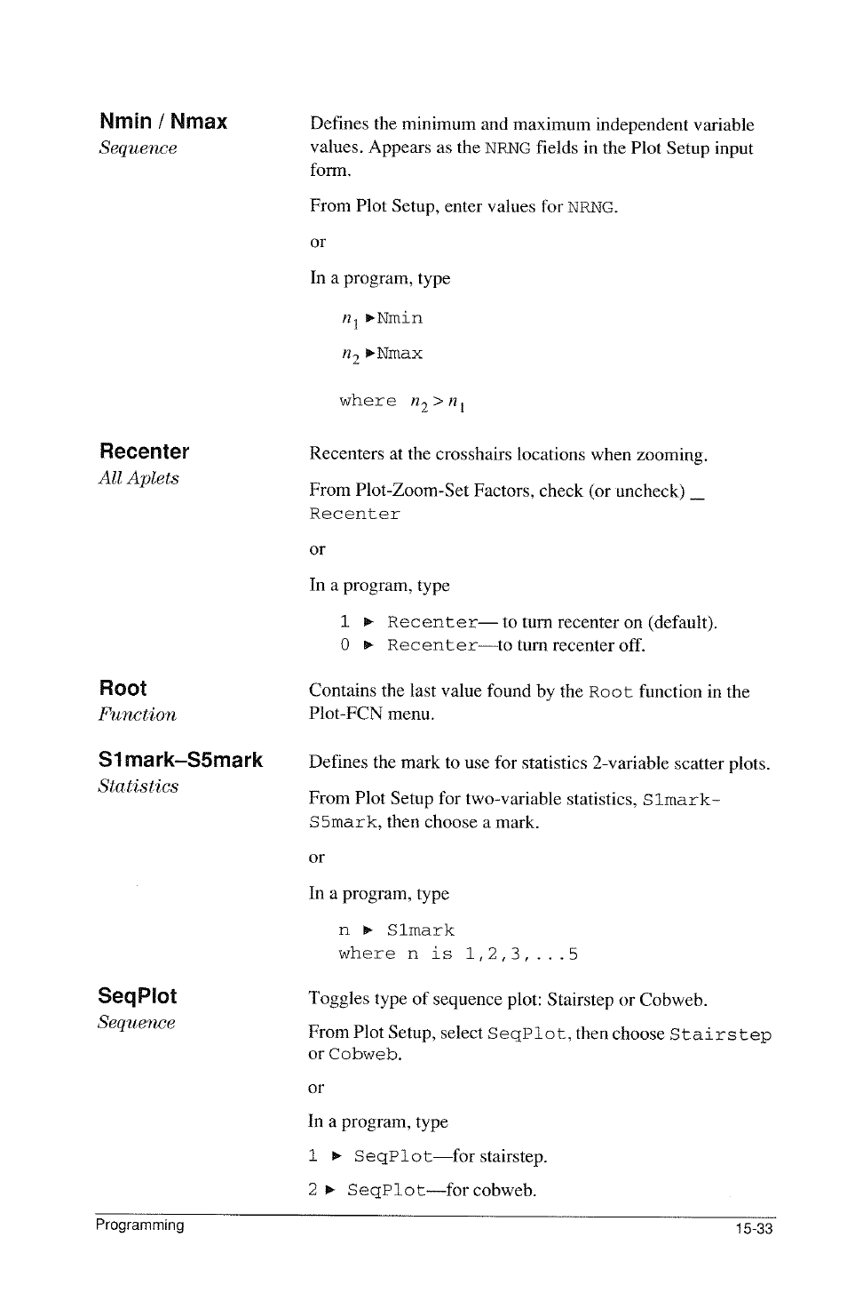 Recenter, Root, S1mark-s5mark | Seqplot, Slmark- ssmark, N ► slmark | HP 39g Graphing Calculator User Manual | Page 241 / 292