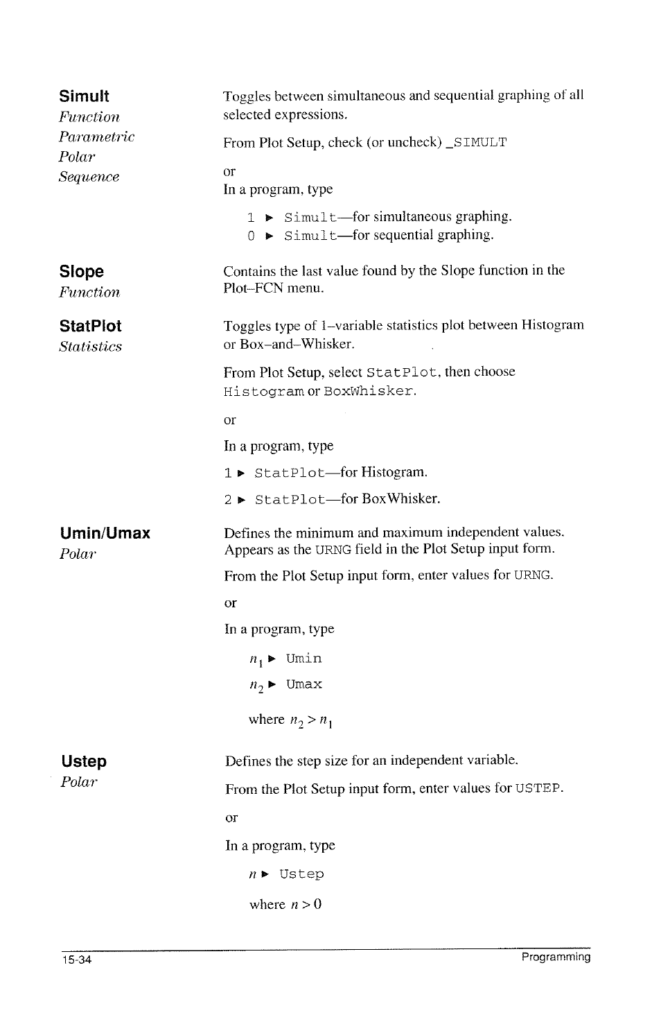 Simult, Slope, Statplot | Umin/umax, Step | HP 39g Graphing Calculator User Manual | Page 242 / 292