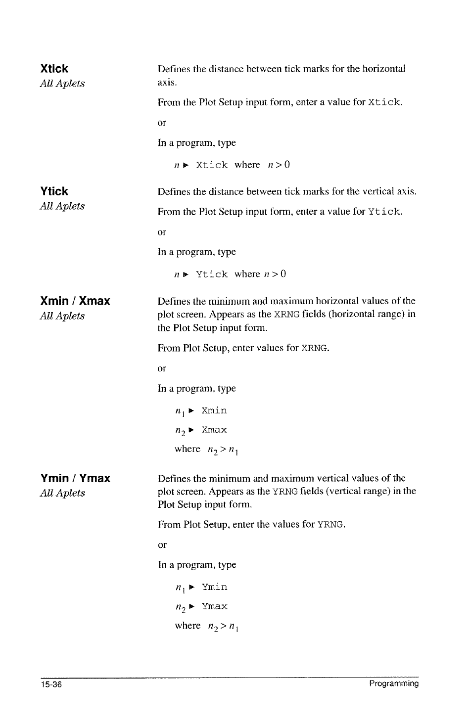 Xtick, Ytick, Xmin / xmax | Ymin / ymax | HP 39g Graphing Calculator User Manual | Page 244 / 292