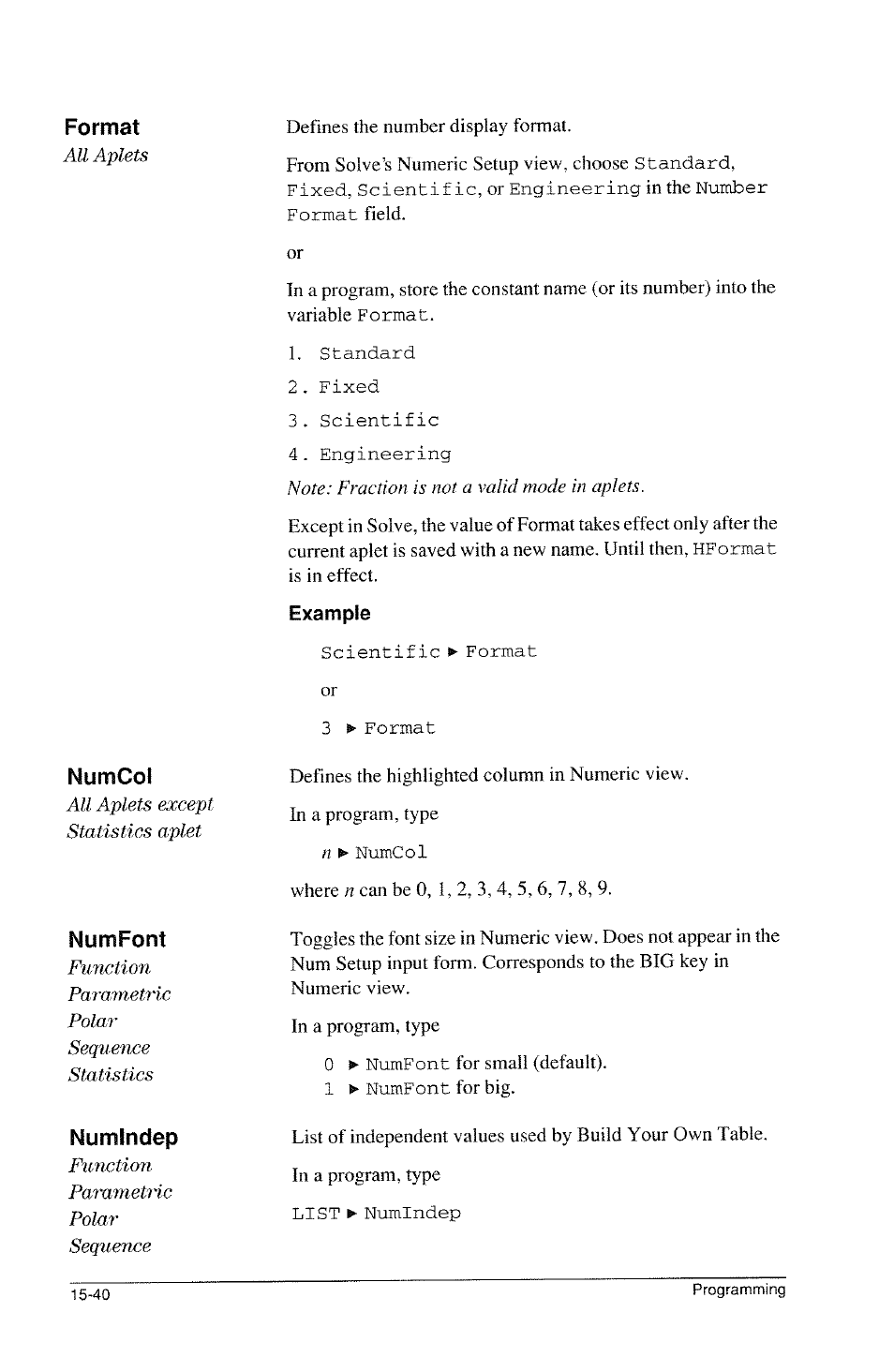 Example, Format, Numcol | Numfont, Numindep | HP 39g Graphing Calculator User Manual | Page 248 / 292