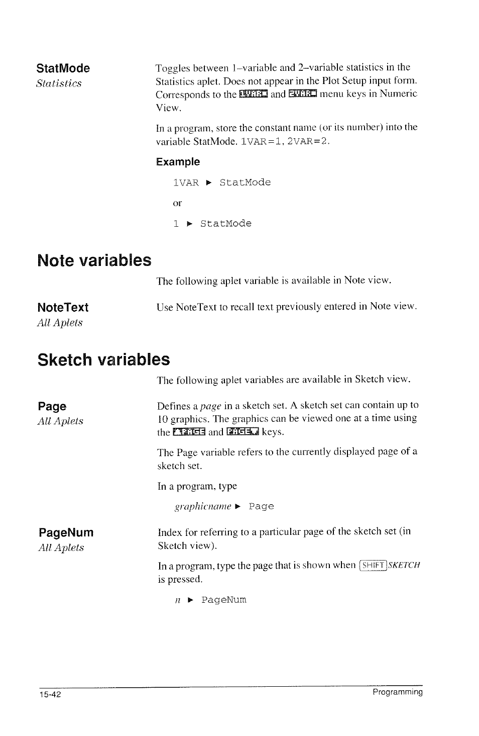 Example, Note variables, Sketch variables | Note variables -42, Sketch variables -42 | HP 39g Graphing Calculator User Manual | Page 250 / 292