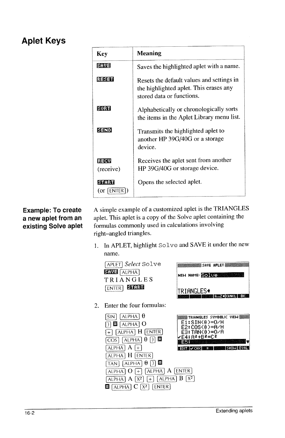 Aplet keys, Triangles4, 0 q] b | HP 39g Graphing Calculator User Manual | Page 252 / 292