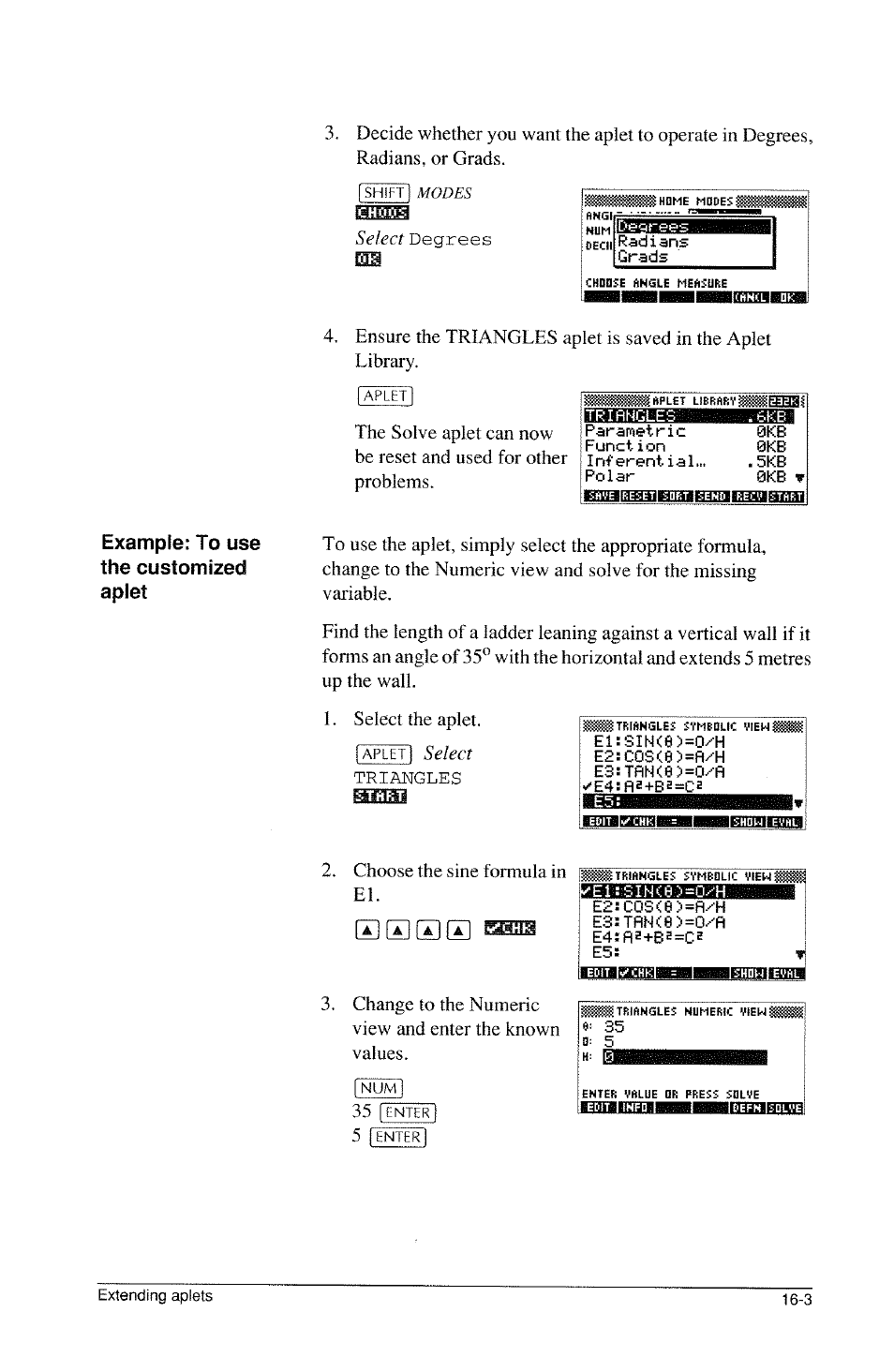 Example: to use the customized aplet, El:sin<e>=0/-h, El:sin<e>=o^h | HP 39g Graphing Calculator User Manual | Page 253 / 292