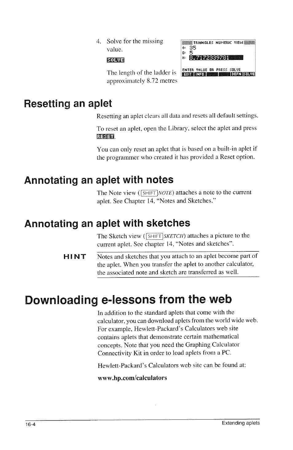 Resetting an aplet, Annotating an aplet with notes, Annotating an aplet with sketches | Downloading e-lessons from the web, Annotating an aplet with sketches -4, Downloading e-lessons from the web -4 | HP 39g Graphing Calculator User Manual | Page 254 / 292