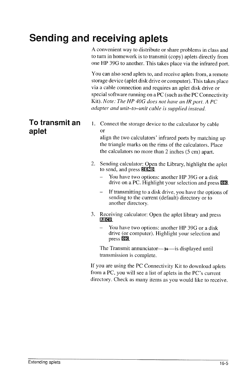 Sending and receiving aplets, Sending and receiving aplets -5 | HP 39g Graphing Calculator User Manual | Page 255 / 292