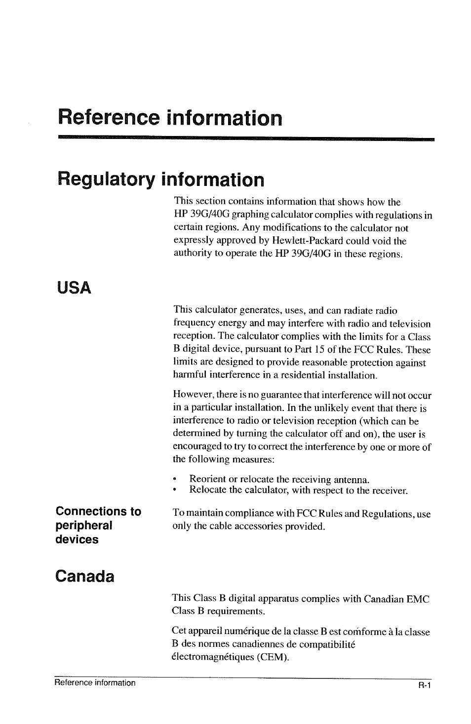 Reference information, Regulatory information, Canada | HP 39g Graphing Calculator User Manual | Page 257 / 292