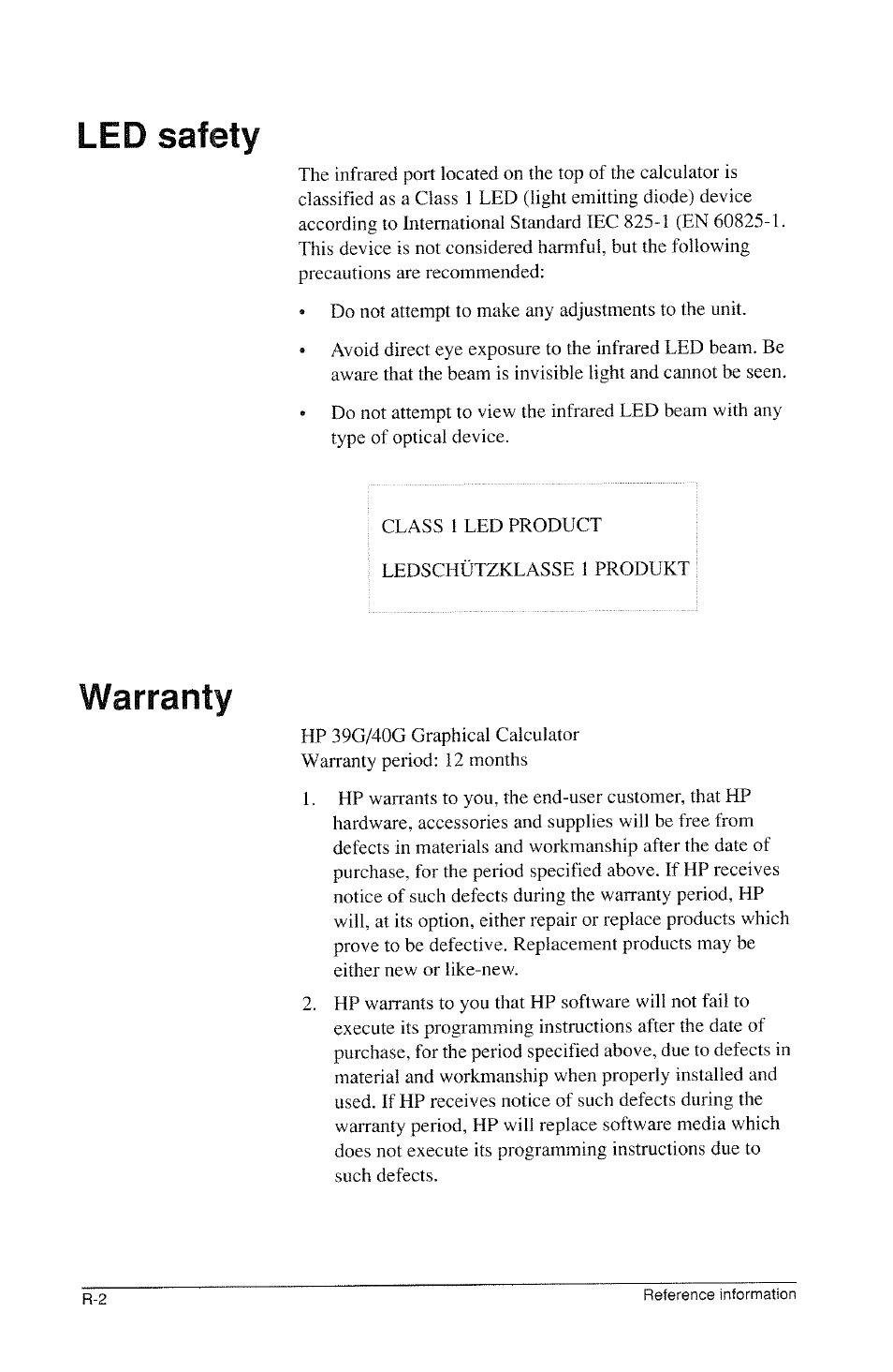 Led safety warranty | HP 39g Graphing Calculator User Manual | Page 258 / 292