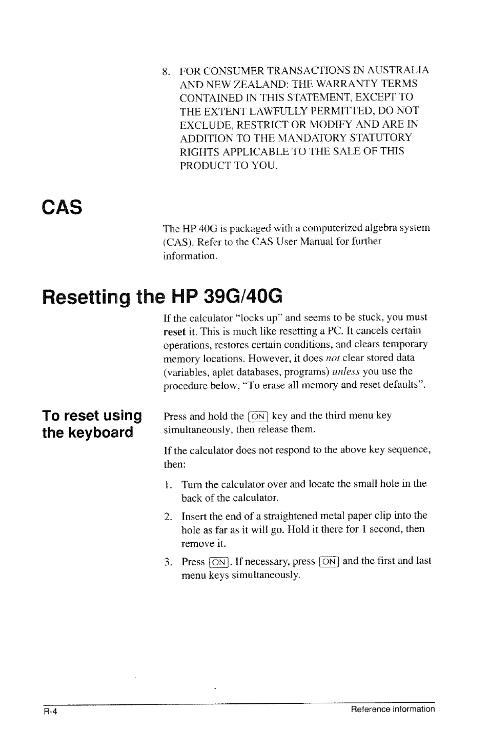 Resetting the hp 39g/40g | HP 39g Graphing Calculator User Manual | Page 260 / 292