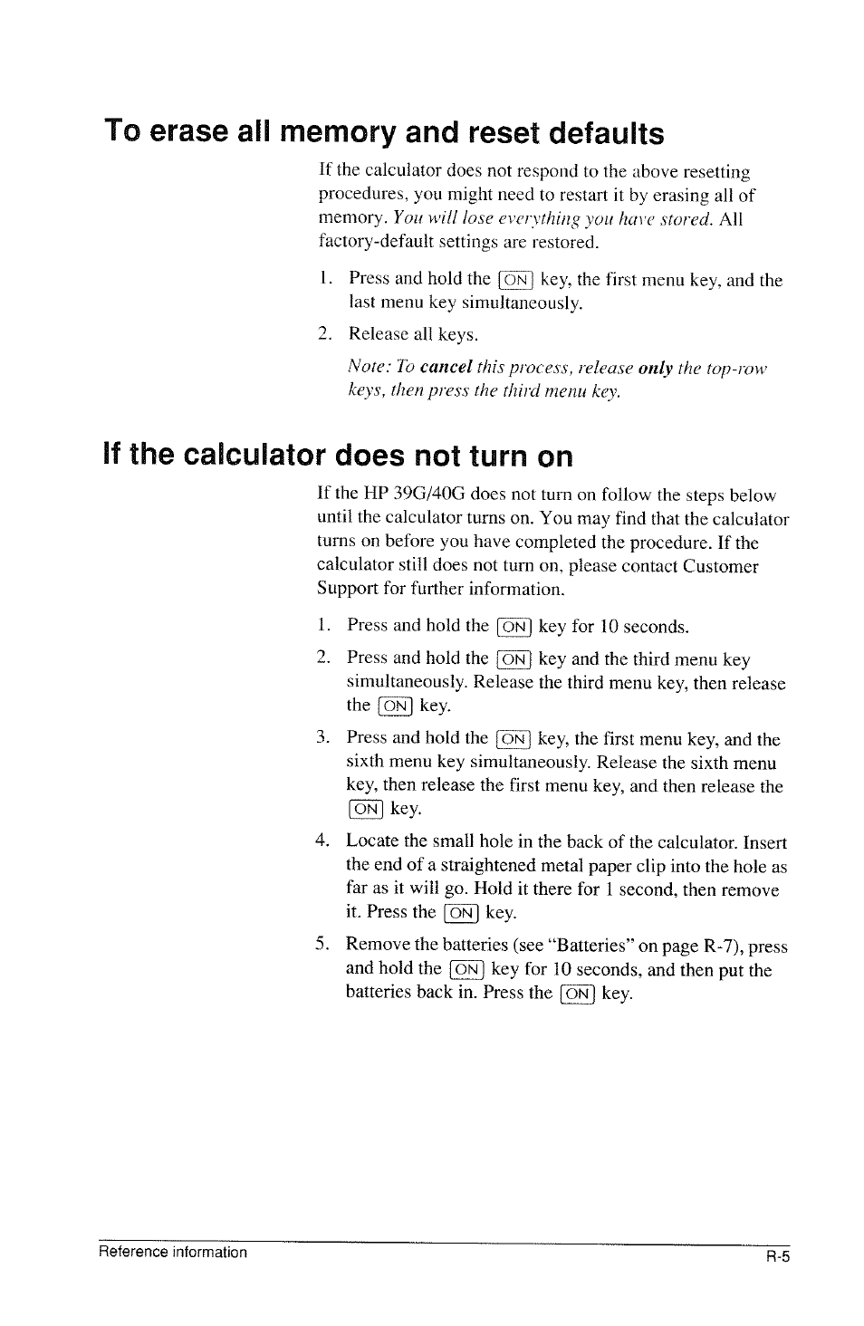 To erase all memory and reset defaults, If the calculator does not turn on | HP 39g Graphing Calculator User Manual | Page 261 / 292