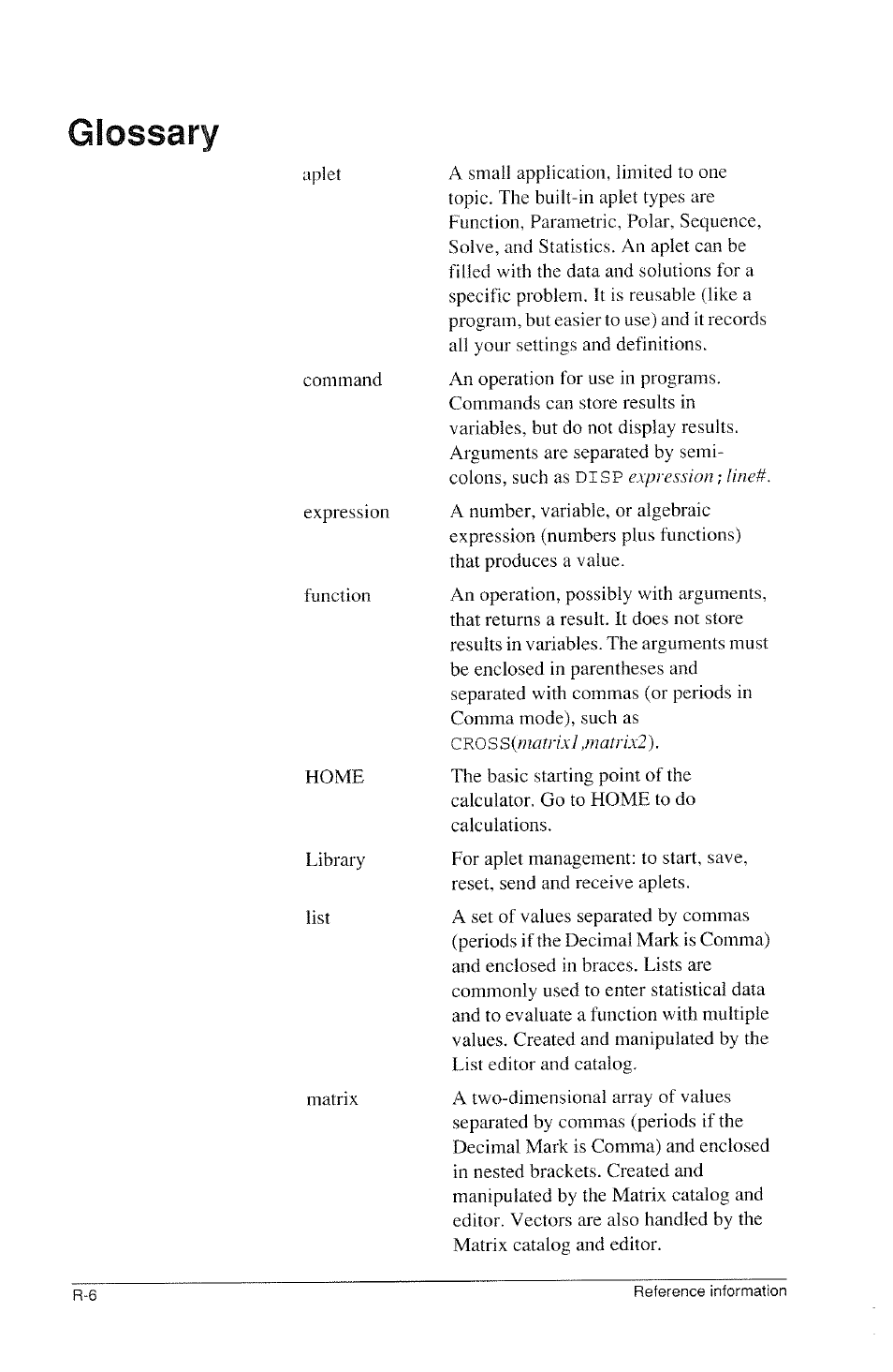 Glossary | HP 39g Graphing Calculator User Manual | Page 262 / 292