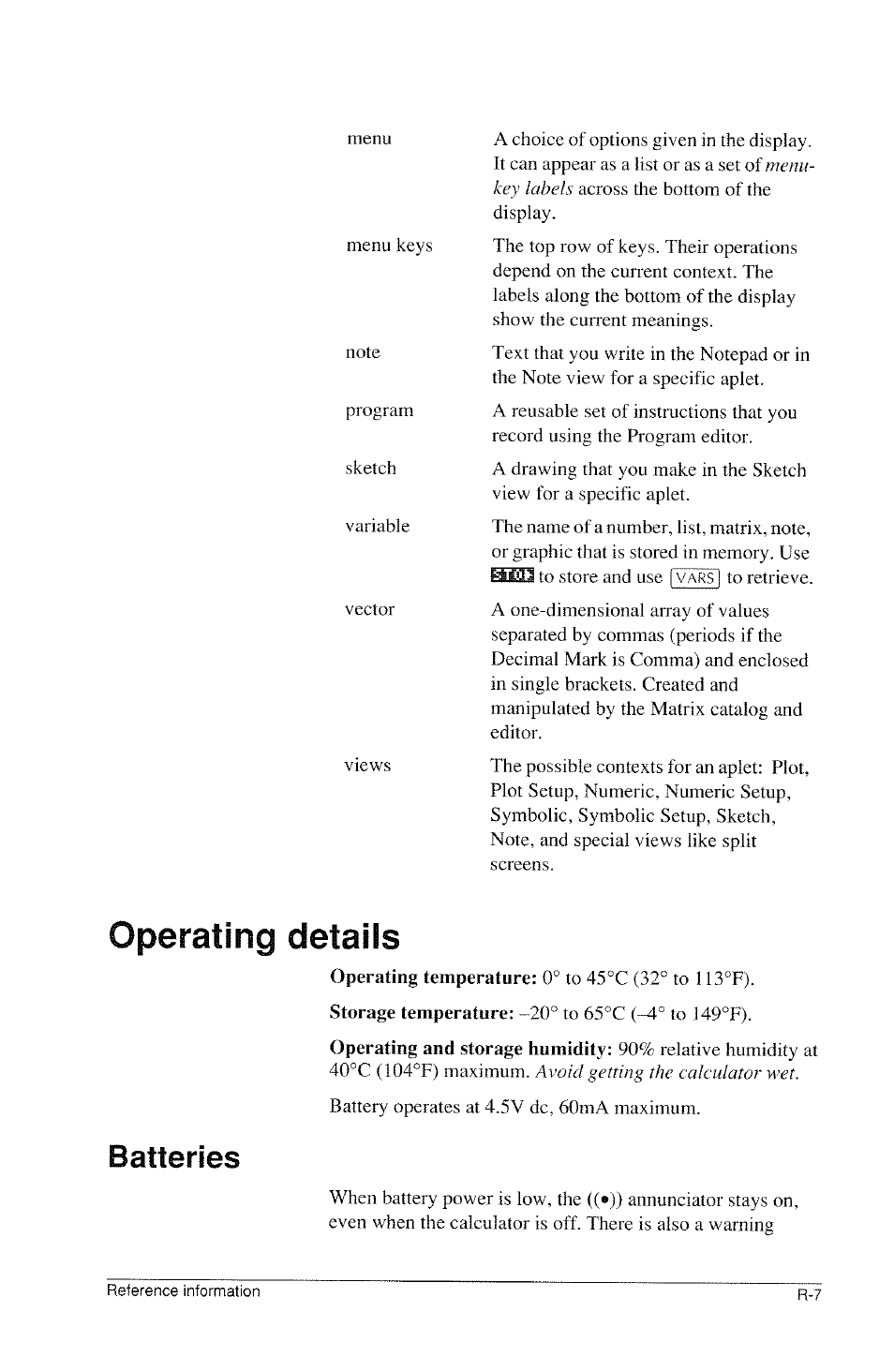 Operating details, Batteries | HP 39g Graphing Calculator User Manual | Page 263 / 292