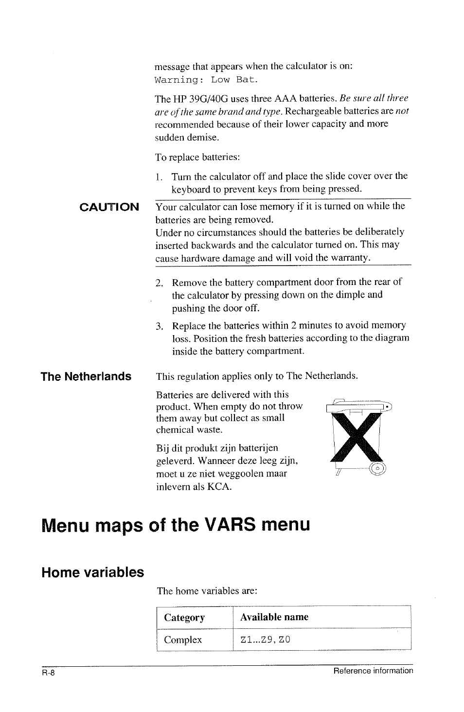 The netherlands, Menu maps of the vars menu, Home variables | HP 39g Graphing Calculator User Manual | Page 264 / 292