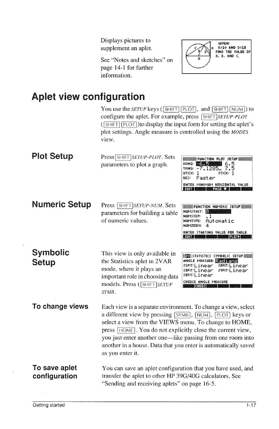 Aplet view configuration, Aplet view configuration -17, Plot setup | Numeric setup, Cz symbolic setup, Configuration | HP 39g Graphing Calculator User Manual | Page 29 / 292