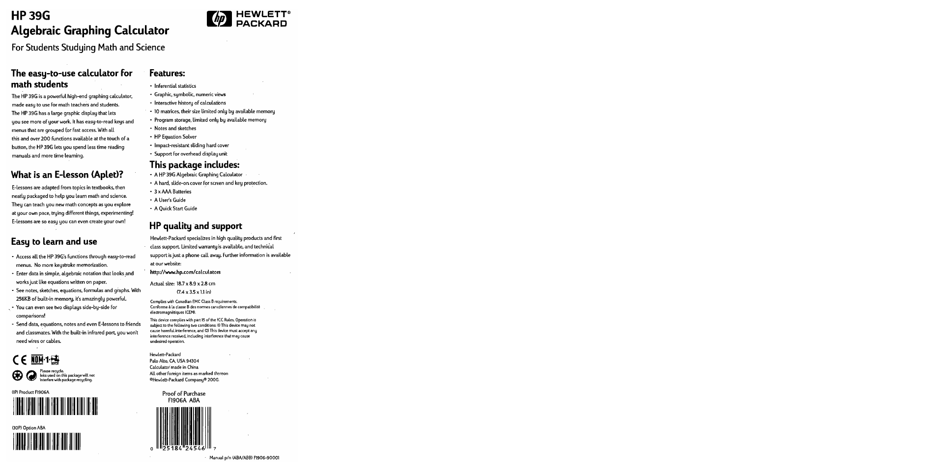 Ësü-1-a, Hp39g algebraic graphing calculator, What is an e-lesson (aplet) | Easy to learn and use, For students studying math and science m, Features, This package includes, Hp quality and support | HP 39g Graphing Calculator User Manual | Page 292 / 292
