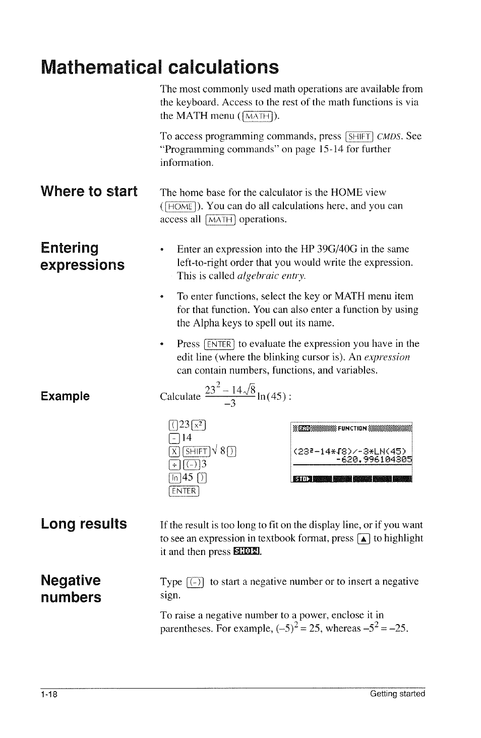 Mathematical calculations, Example, Mathematical calculations -18 | Where to start entering expressions, Long results, Negative numbers | HP 39g Graphing Calculator User Manual | Page 30 / 292