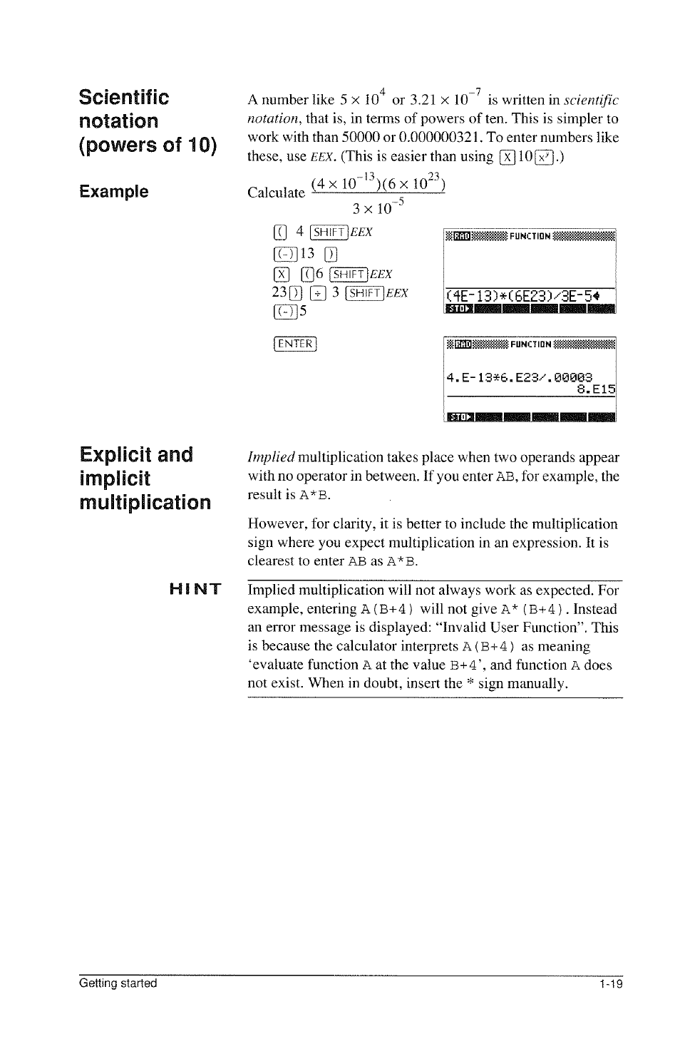 Scientific notation (powers of 10), Explicit and implicit multiplication, Example | HP 39g Graphing Calculator User Manual | Page 31 / 292