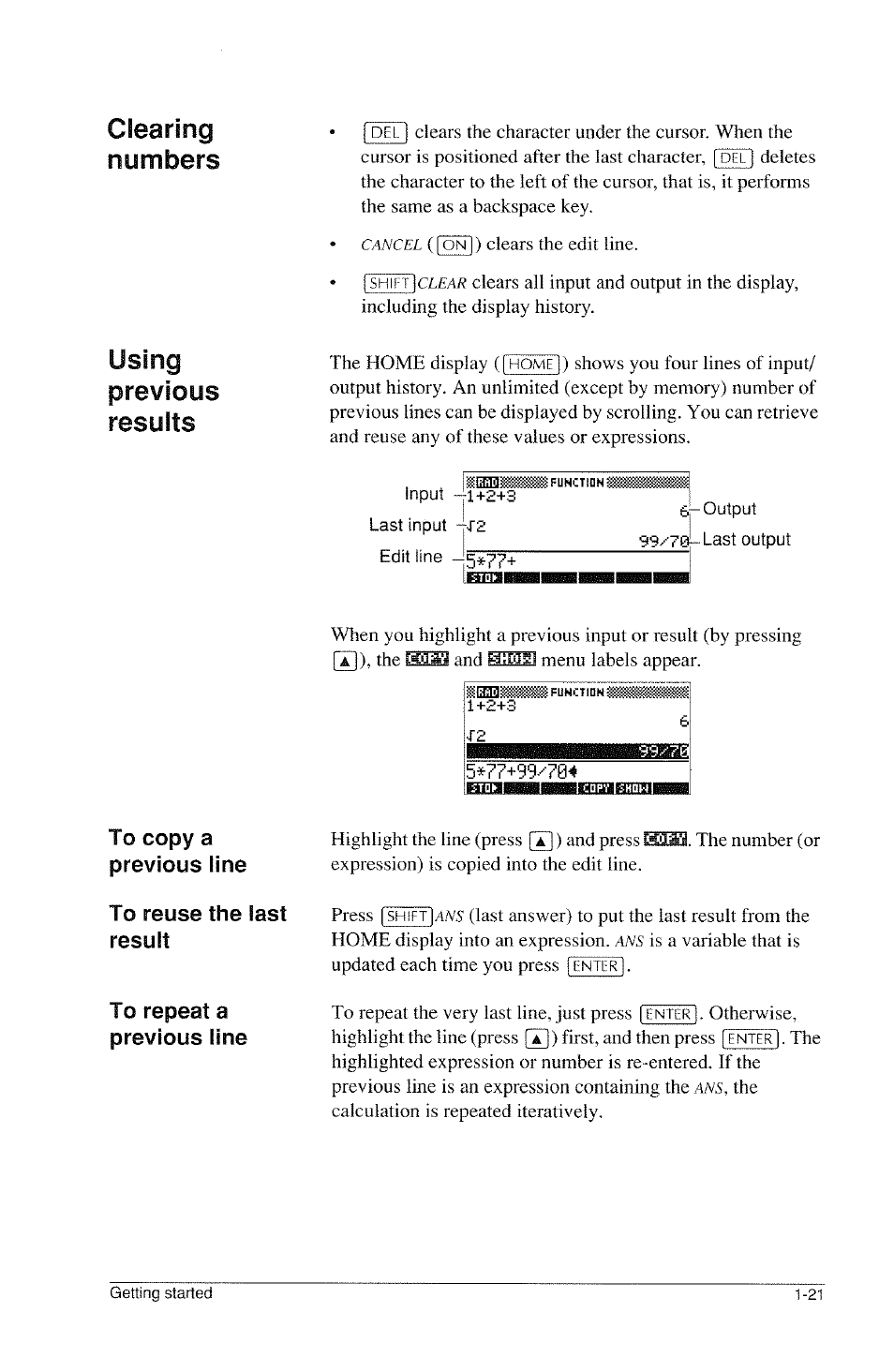 To copy a previous line, To reuse the last result, To repeat a previous line | Clearing numbers, Using previous results | HP 39g Graphing Calculator User Manual | Page 33 / 292