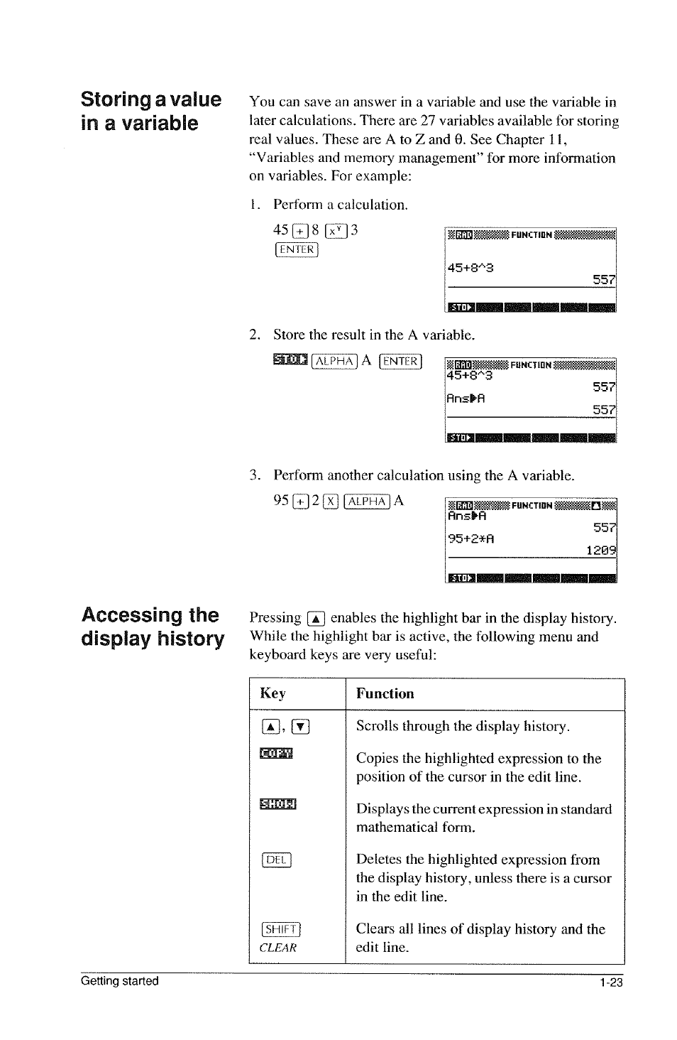 Storing a value in a variable, Accessing the display history | HP 39g Graphing Calculator User Manual | Page 35 / 292