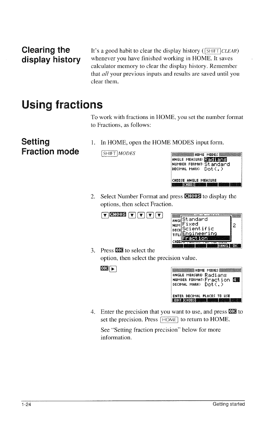 Using fractions, Using fractions -24, Clearing the display history | Setting fraction mode | HP 39g Graphing Calculator User Manual | Page 36 / 292