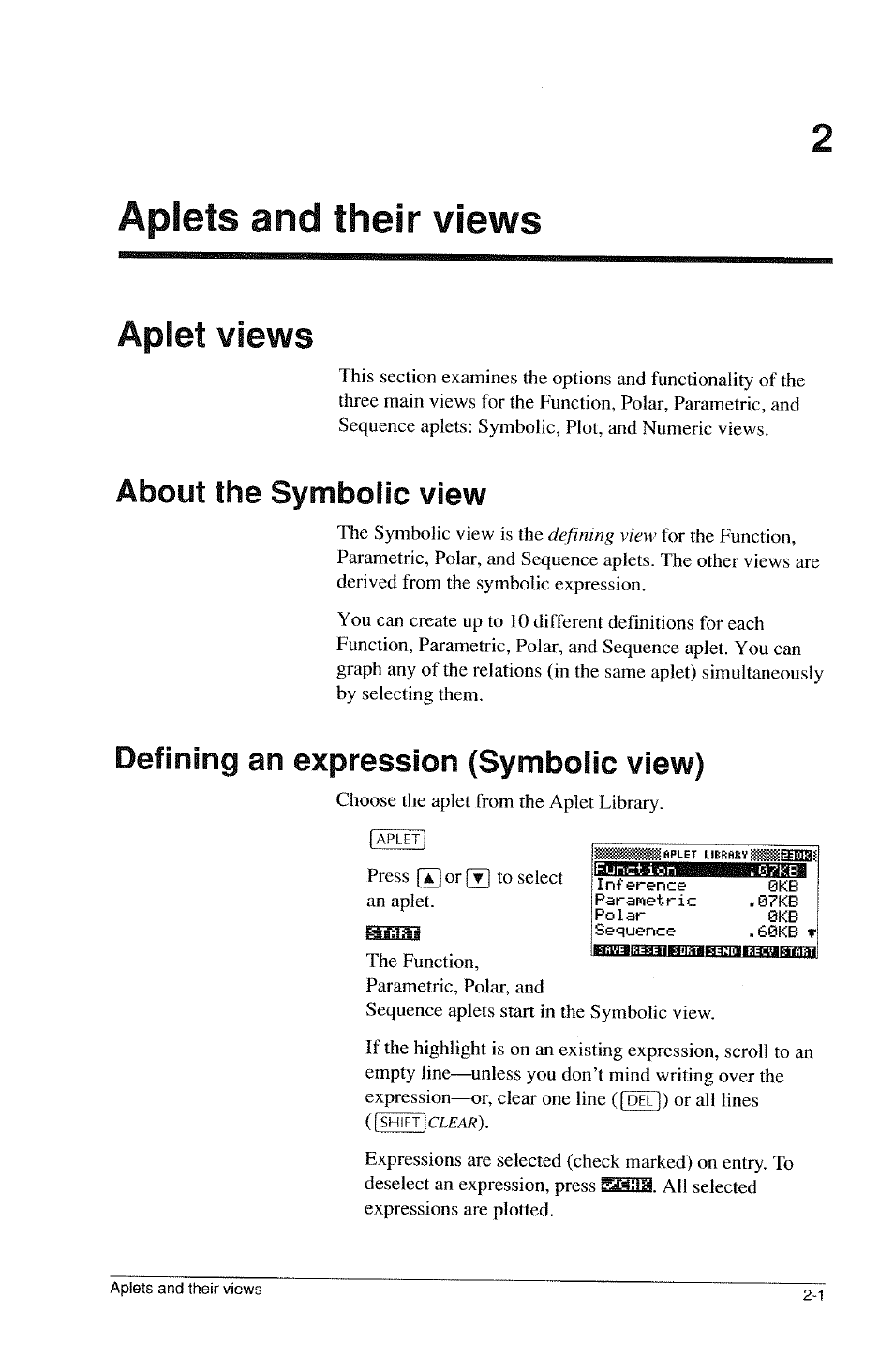 Aplets and their views, Aplet views, About the symbolic view | Defining an expression (symbolic view), Aplet views -1 | HP 39g Graphing Calculator User Manual | Page 43 / 292