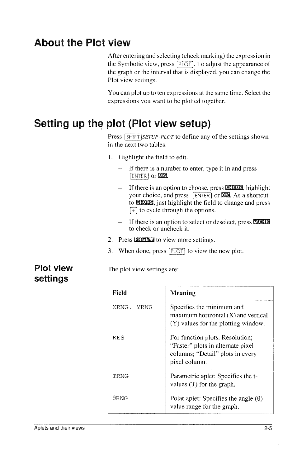 About the plot view, Setting up the plot (plot view setup), About the plot view -5 | Setting up the plot (plot view setup) -5, Plot view settings | HP 39g Graphing Calculator User Manual | Page 47 / 292