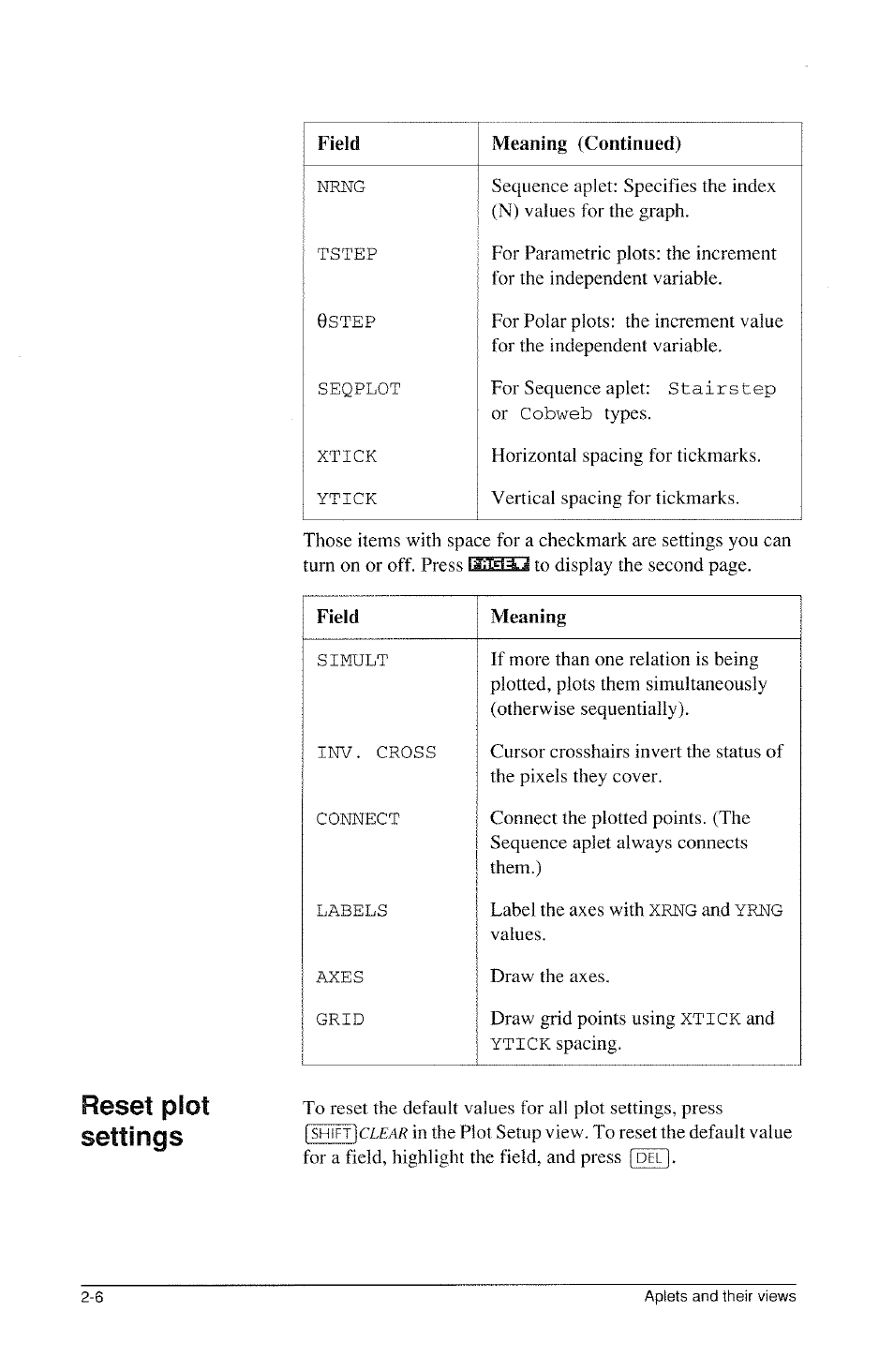 Reset plot settings | HP 39g Graphing Calculator User Manual | Page 48 / 292