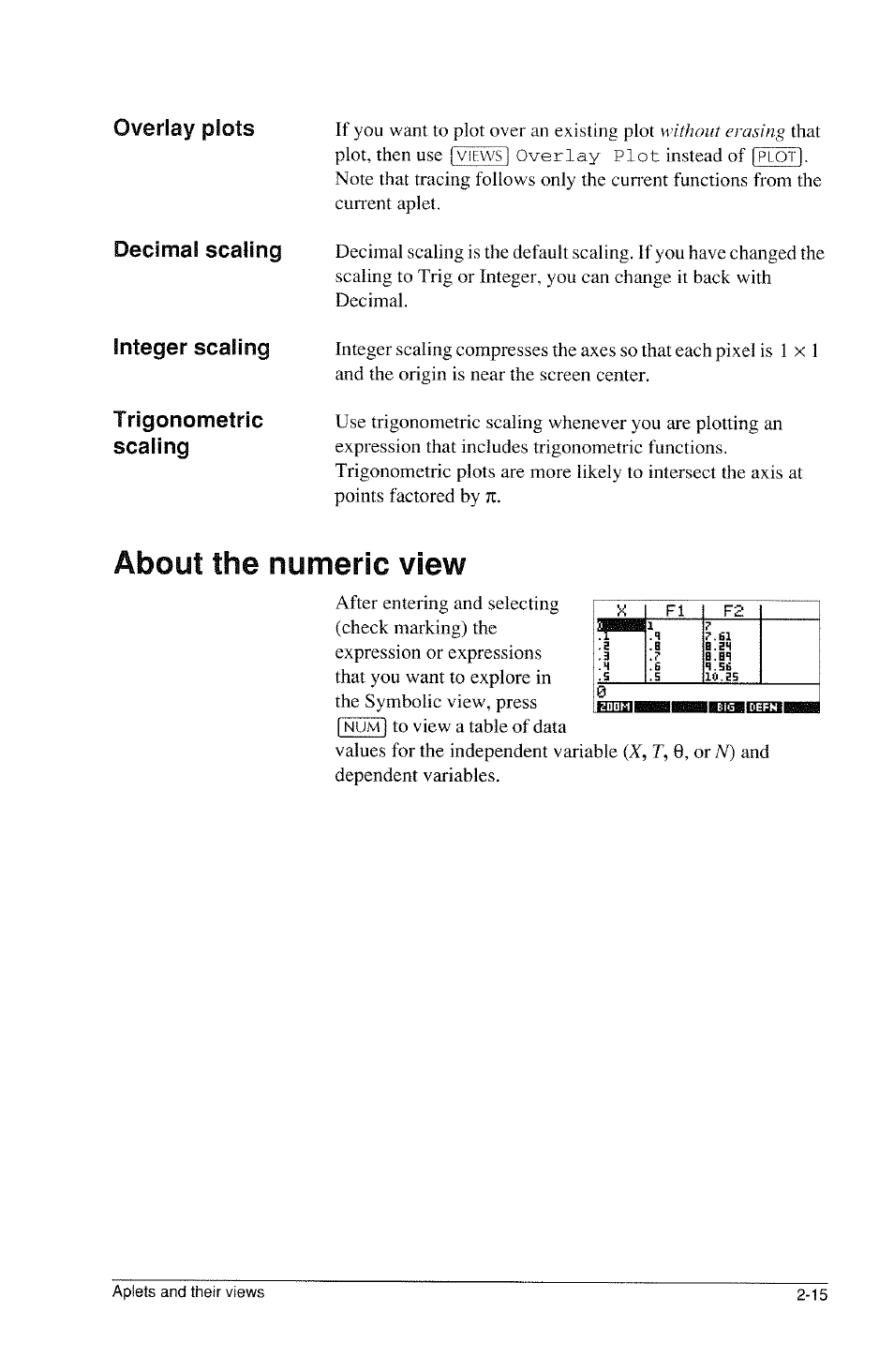 Decimal scaling, Integer scaling, Trigonometric | Scaling, About the numeric view, About the numeric view -16, Overlay plots, Trigonometric scaling | HP 39g Graphing Calculator User Manual | Page 57 / 292