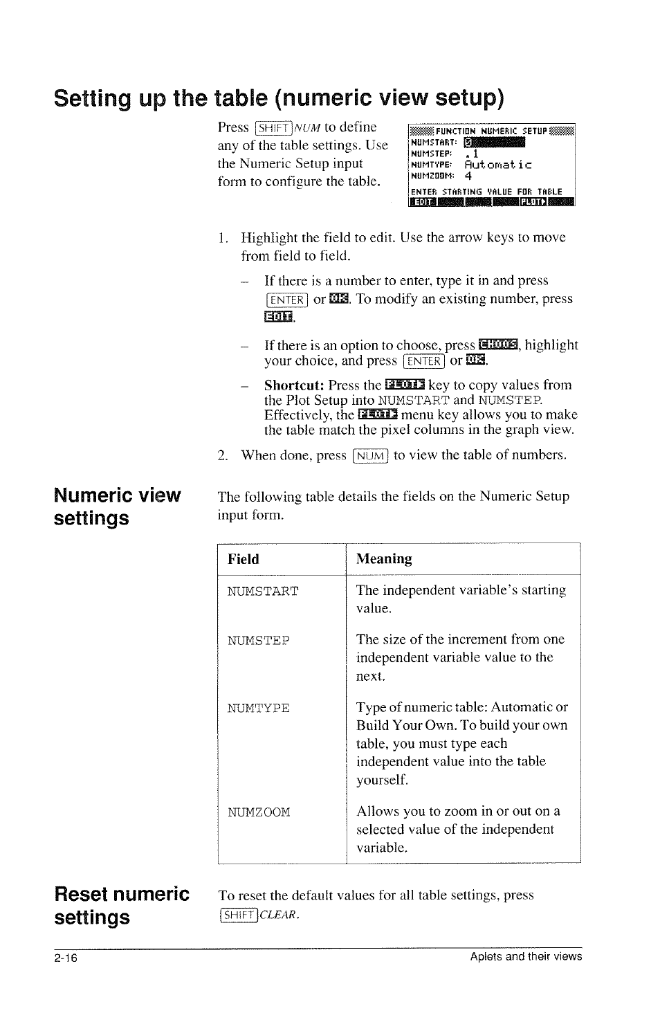 Setting up the table (numeric view setup), Setting up the table (numeric view setup) -17, Numeric view settings | Reset numeric settings | HP 39g Graphing Calculator User Manual | Page 58 / 292