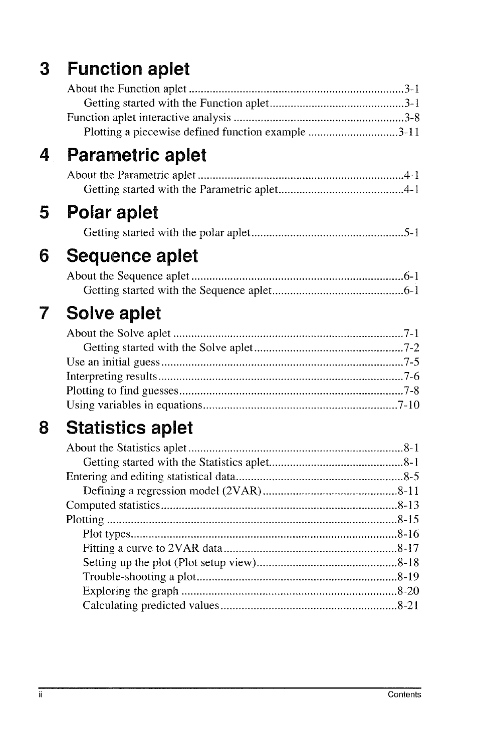 8function aplet, Parametric aplet, Polar aplet | Sequence aplet, Solve aplet, Statistics aplet | HP 39g Graphing Calculator User Manual | Page 6 / 292