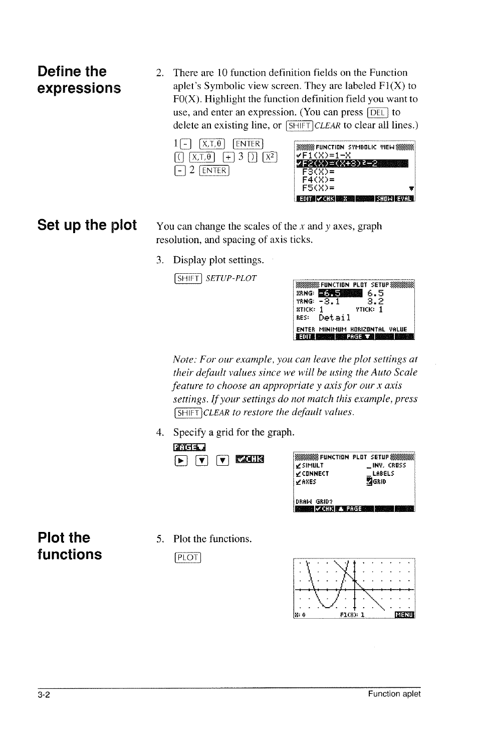 Define the expressions, Set up the plot, B s s “ana | Plot the functions | HP 39g Graphing Calculator User Manual | Page 64 / 292