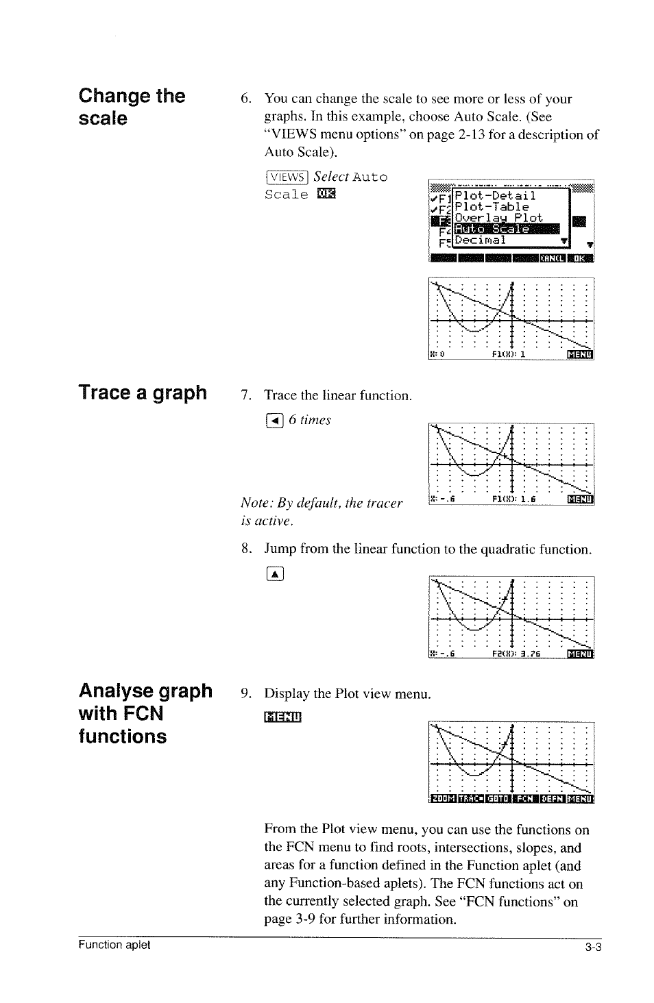 Change the scale, Trace a graph, Analyse graph with fcn functions | HP 39g Graphing Calculator User Manual | Page 65 / 292