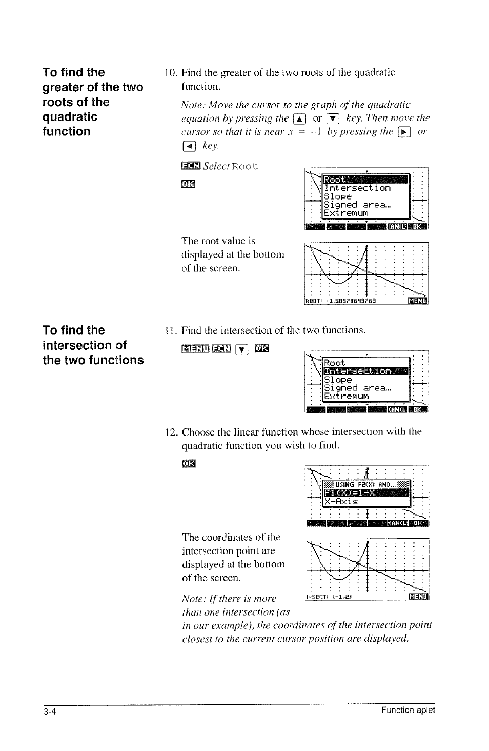 To find the intersection of the two functions | HP 39g Graphing Calculator User Manual | Page 66 / 292