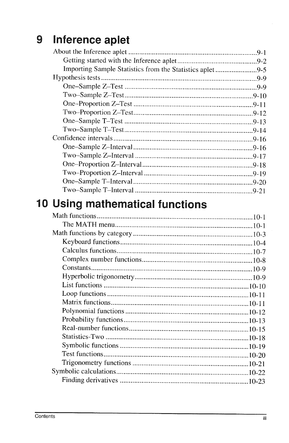 9 inference aplet, 10 using mathematical functions | HP 39g Graphing Calculator User Manual | Page 7 / 292