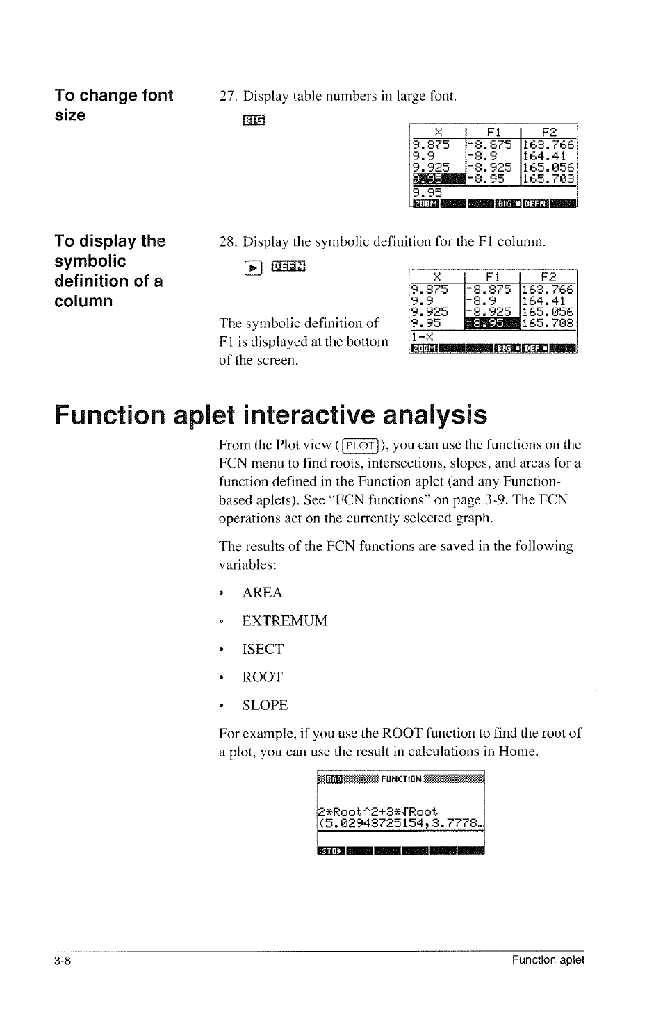 To change font size, Function aplet interactive analysis, Function aplet interactive analysis -8 | Analysis, Function aplet interactive | HP 39g Graphing Calculator User Manual | Page 70 / 292