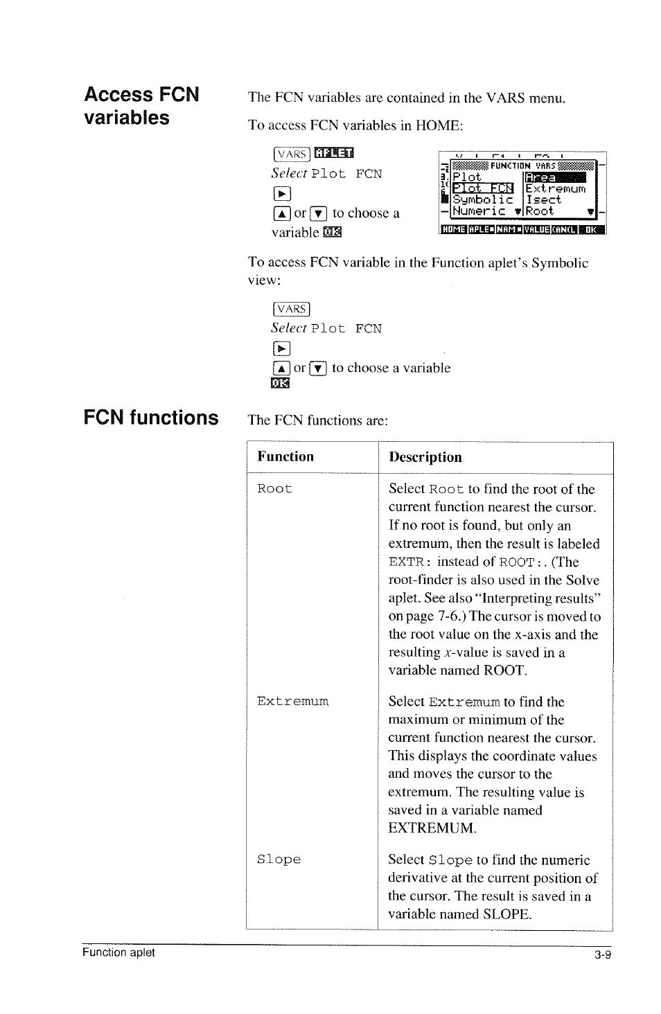 Access fcn variables, Fcn functions | HP 39g Graphing Calculator User Manual | Page 71 / 292