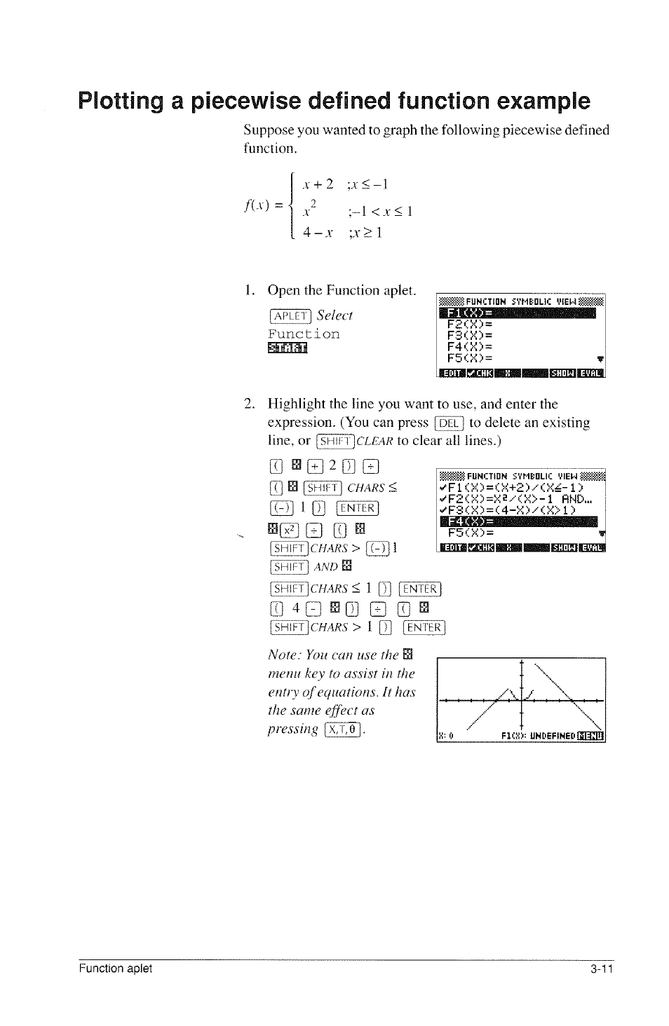 Plotting a piecewise defined function example, Plotting a piecewise defined function example -11 | HP 39g Graphing Calculator User Manual | Page 73 / 292