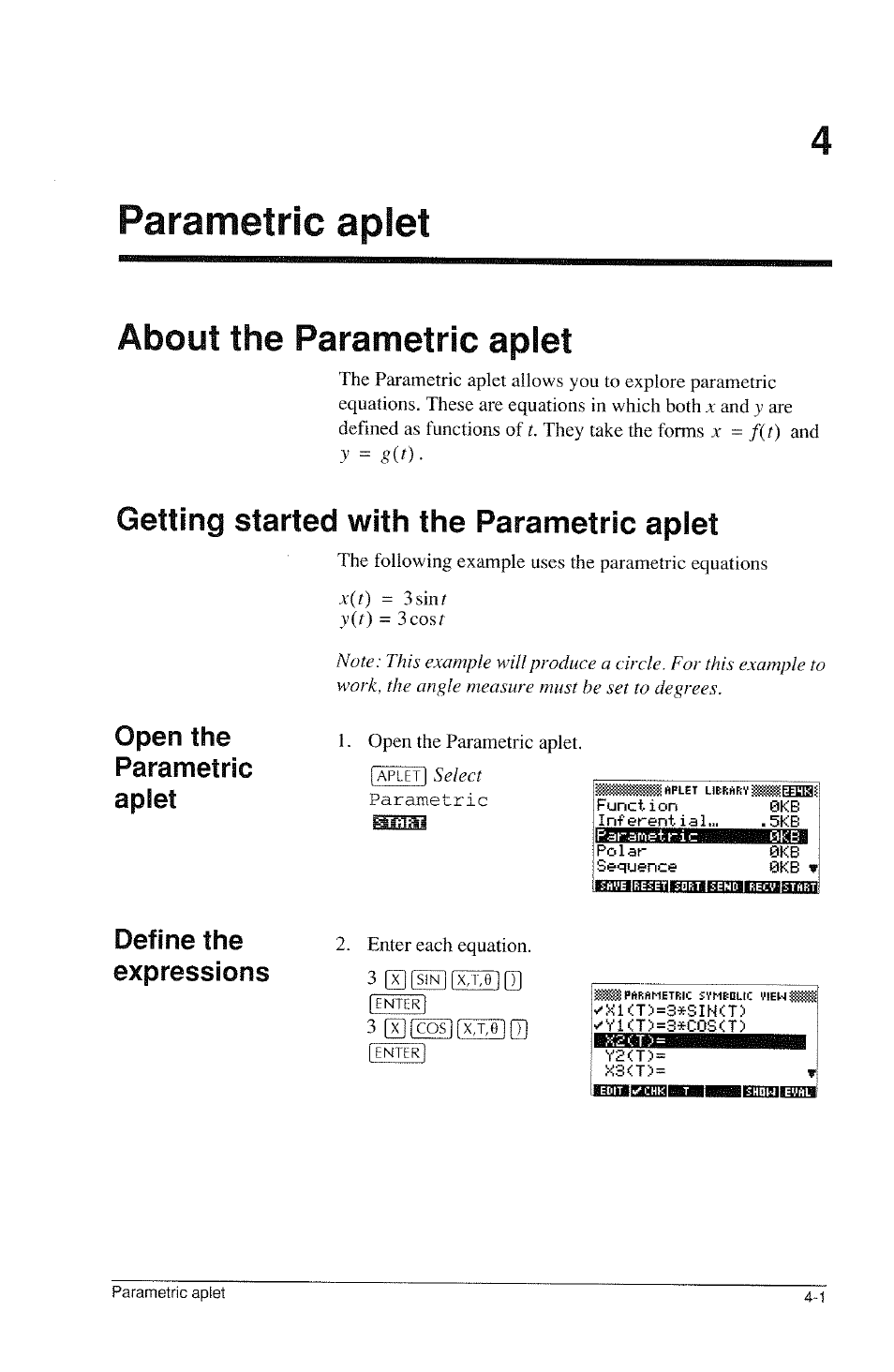 Parametric aplet, About the parametric aplet, Getting started with the parametric aplet | About the parametric aplet -1, Getting started with the parametric aplet -1, Open the parametric aplet, Define the expressions | HP 39g Graphing Calculator User Manual | Page 75 / 292